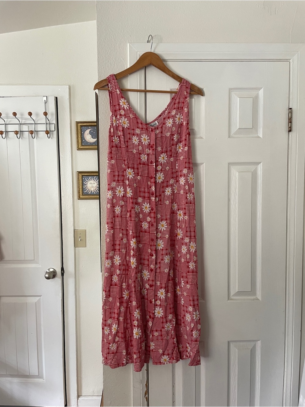 Vintage Red Plaid Gingham Sleeveless Pink Floral Midi Dress Daisy Size L*